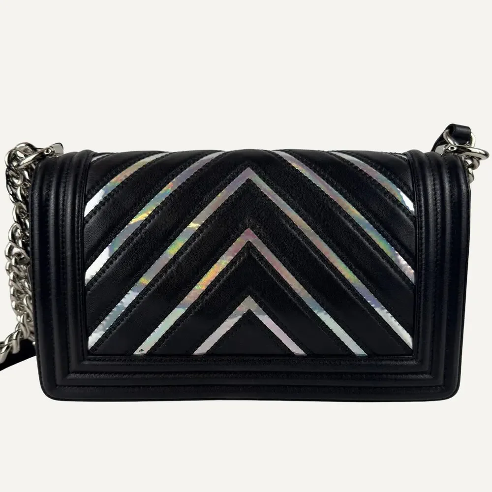 Chanel Boy Bag Medium Black Lambskin Iridescent Chevron Silver CC 17S  Women's